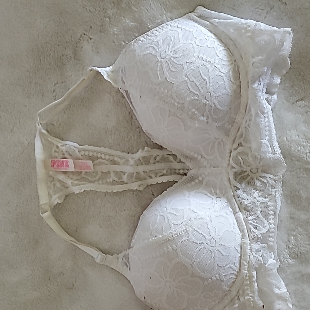 Pink, lace racer back bra